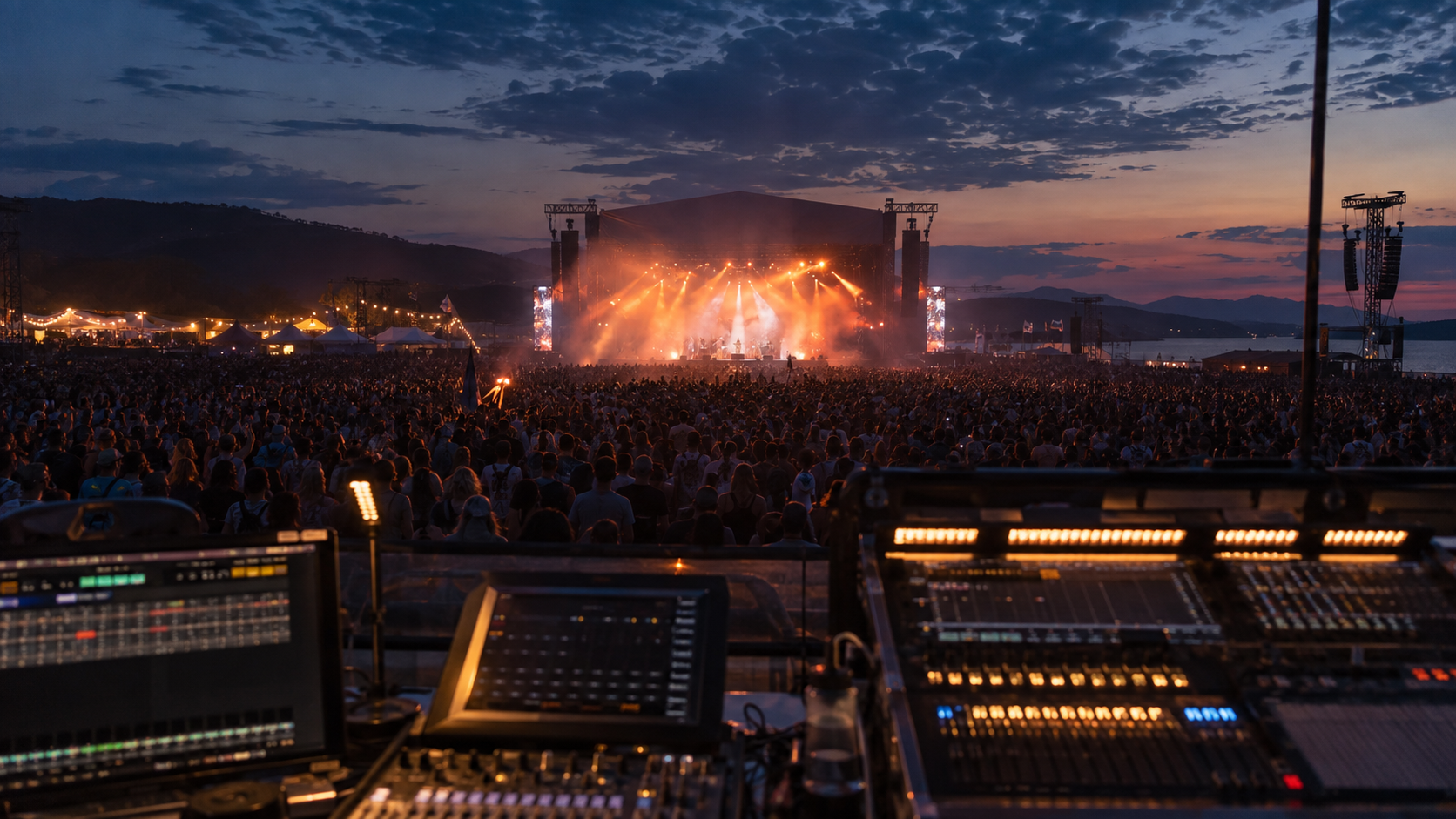 An illustrative festival crowd and stage viewed from the sound and lighting desk at dusk